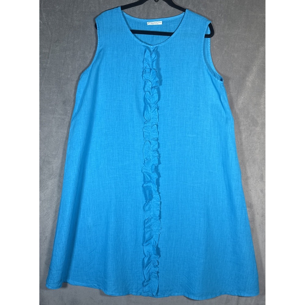 BRYN WALKER Lagenlook Linen Cotton Blend Ruffle Turquoise Shift Tank‎ Dress Sz L